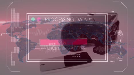 animation of data processing and world map over vr headset