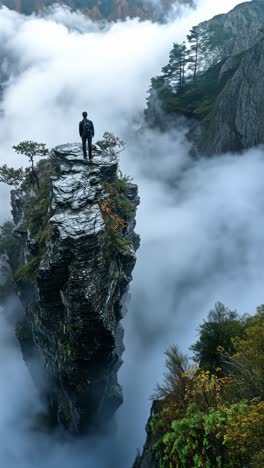 man standing on rocky cliff above misty valley in early morning