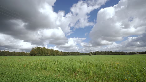 clouds roll past big green field in countryside, low angle time lapse