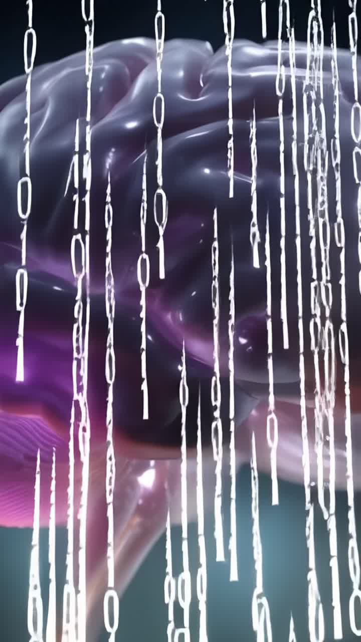 Una representación compuesta de un cerebro rodeado de flujos de código binario, que significa la conexión entre el pensamiento humano y el procesamiento de datos digitales