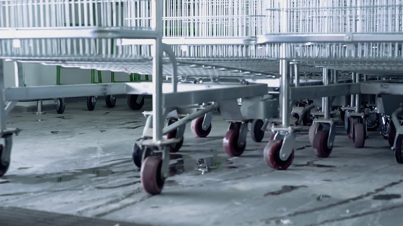 남자가 슈퍼마켓의 클로즈업에 카트를 놓습니다.