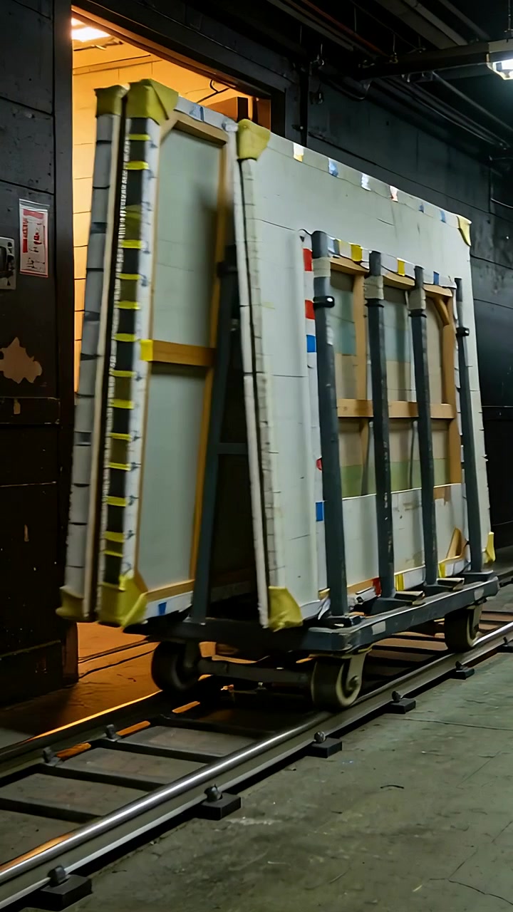 Vertical video: Rolling trolley with panels along rails in loading corridor, hand guiding to load