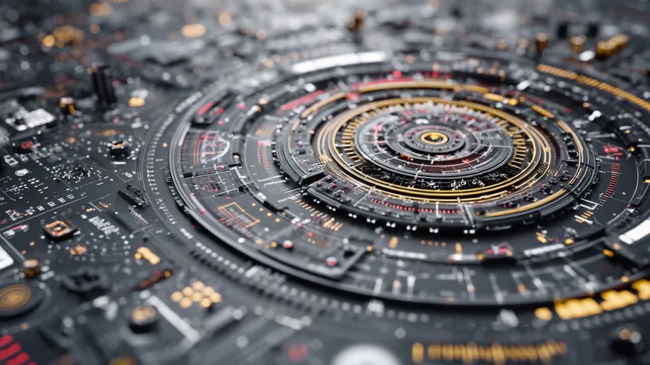 Intricate Geometric Patterns Revealed in an Abstract Digital Circuit Board, Showcasing Fascinating Layers of Technology and Design in a Futuristic Setting