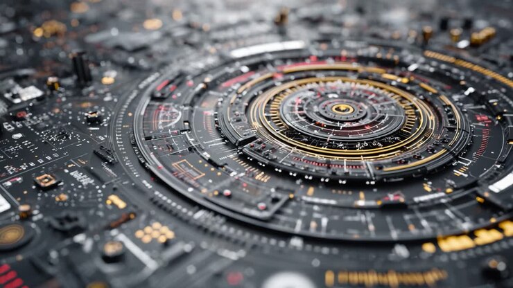Intricate Geometric Patterns Revealed in an Abstract Digital Circuit Board, Showcasing Fascinating Layers of Technology and Design in a Futuristic Setting