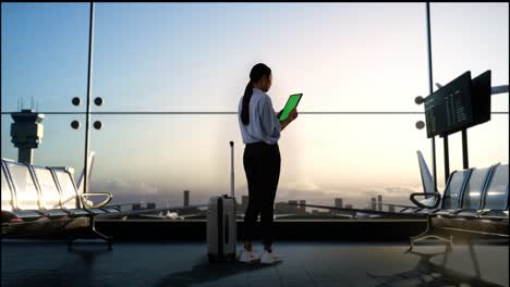 full body back view of asian woman with rolling suitcase in boarding lounge at the airport, using green screen tablet while waiting for flight, airplane takes off outside the window