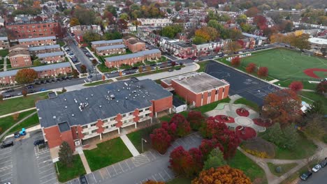 Aerial-orbit-around-inner-city-elementary-school-in-America