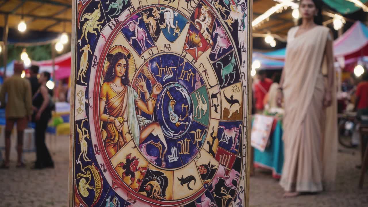 Astrology chart featuring colorful zodiac signs and astrological houses, set at a spiritual fair with attendees in traditional attire, creating a mystical atmosphere