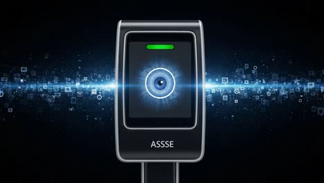 high-tech eye scanner displaying advanced security features and futuristic design with digital data flowing in the background for enhanced surveillance and identity verification