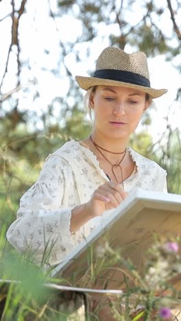 a young woman draws a picture of a pine forest at sunset a young woman draws a picture of a pine forest at sunset the artist admires the natural landscape beautiful trees leisure concept illustration