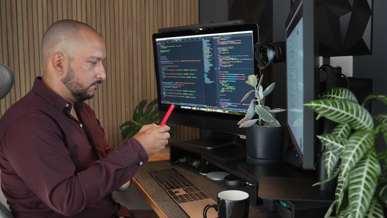 programador hispano distraído por las redes sociales mientras trabaja desde su oficina en casa