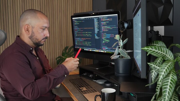 Hispanischer Programmierer abgelenkt durch soziale Medien bei der Arbeit im Homeoffice.