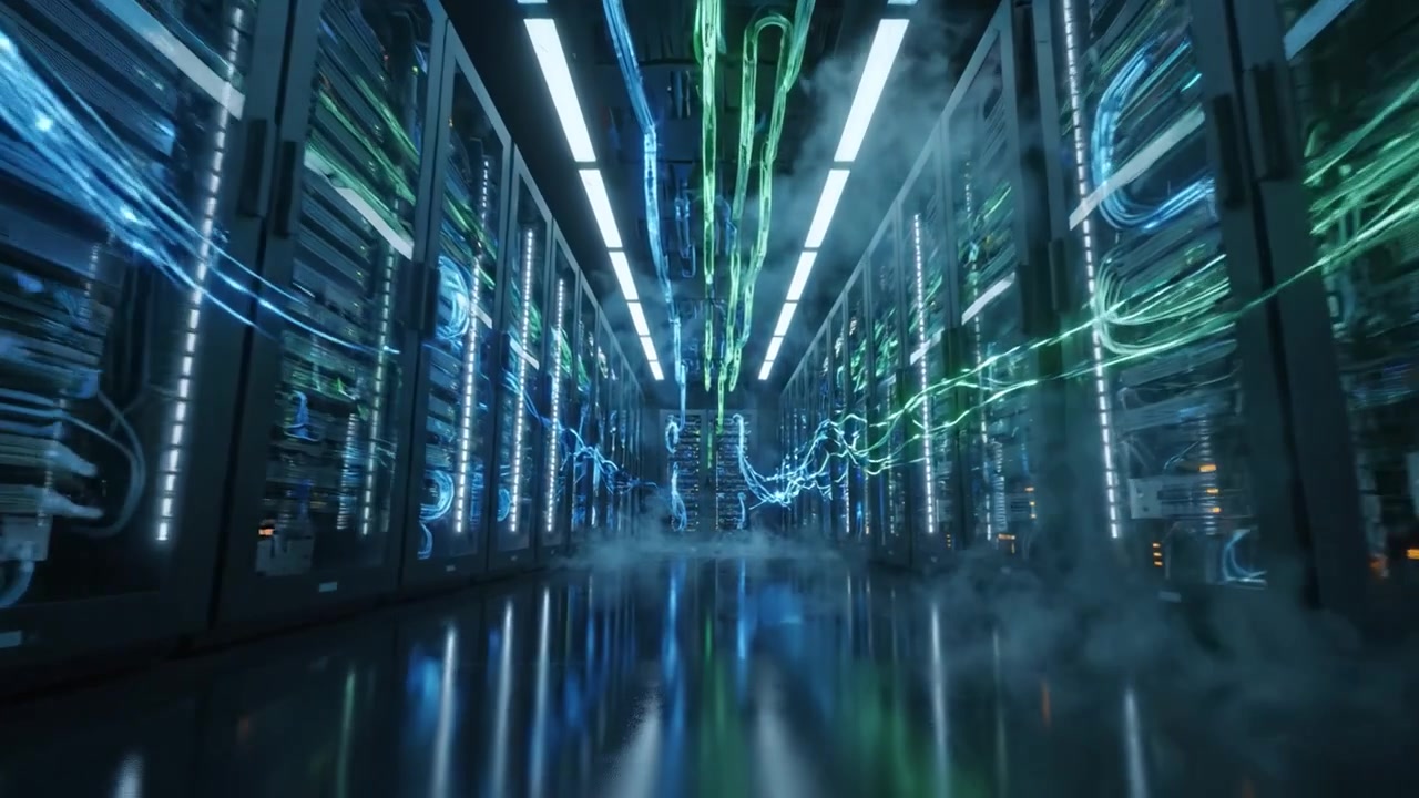 A High-Tech Data Center: A Journey Through Server Racks and Fiber Optic Cables in an Impressive Digital Environment