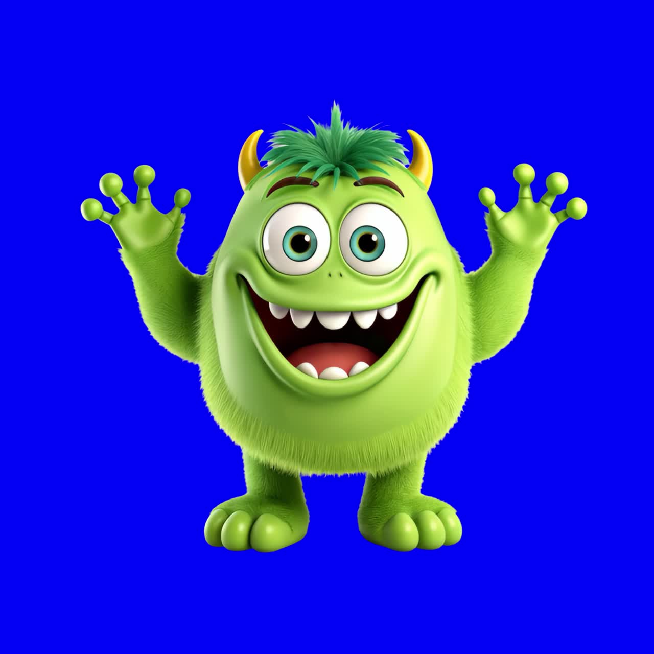 Animación de alegre monstruo verde de dibujos animados, video 4K transparente, pantalla verde