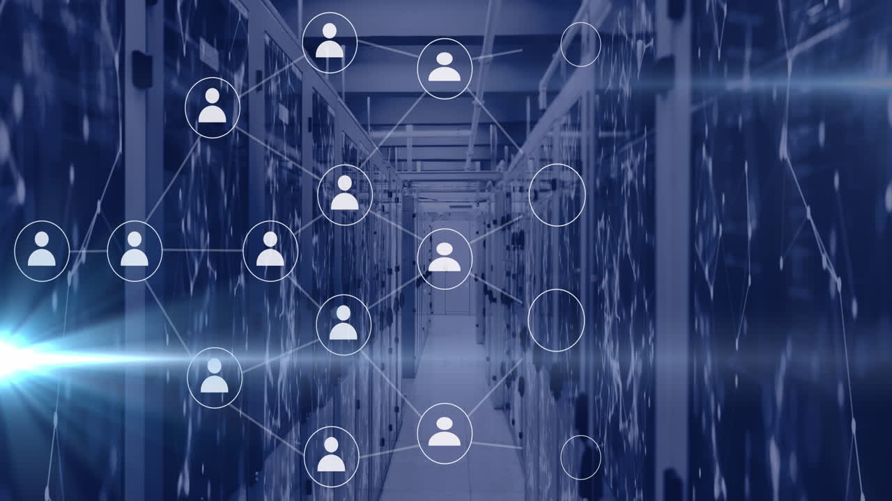 Animation of computer servers, icons and data processing