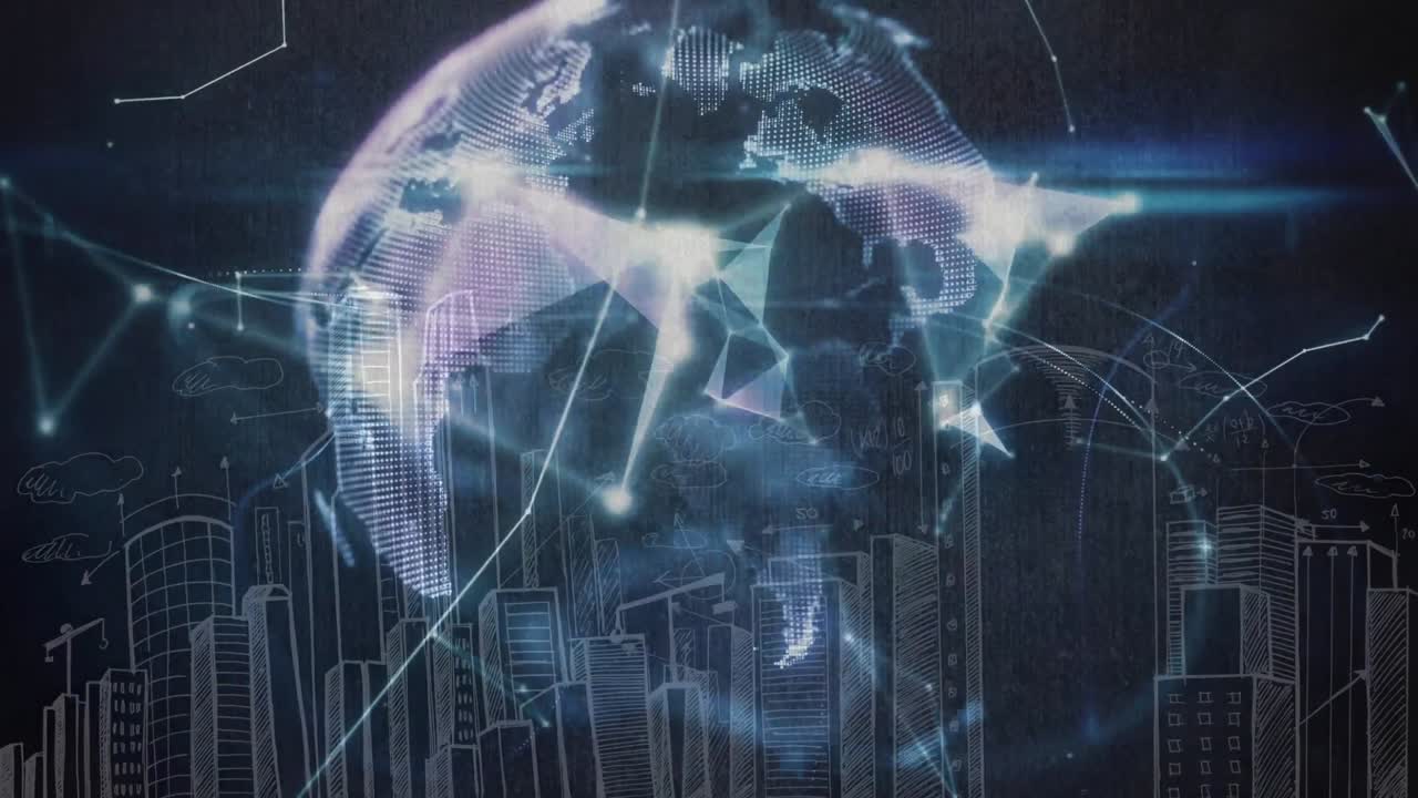 가상 글로브를 조립하고 손에 들고 배경에 도시를 그리고 있습니다.