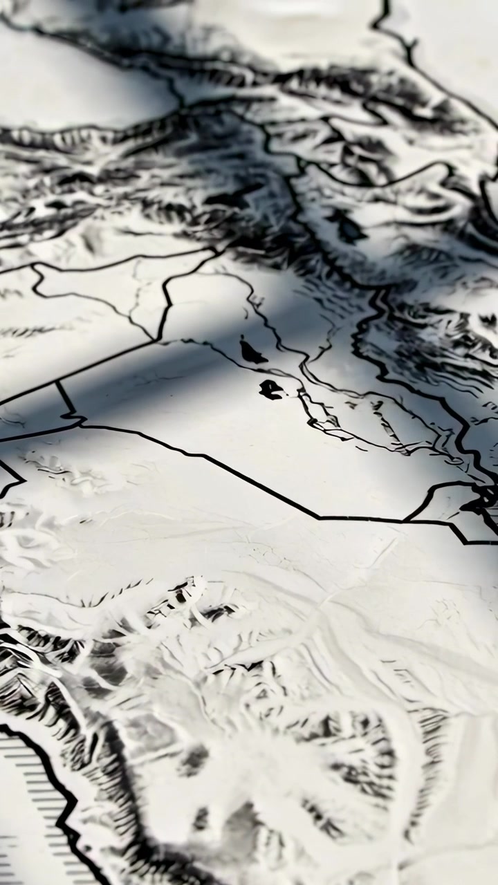 Vertikal video: Panorerende kamera over præget topografisk kort i studie, afslører relief, skiftende skygge.