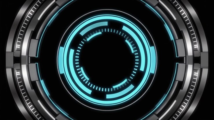 Interfaccia HUD digitale futuristica rotante su sfondo nero