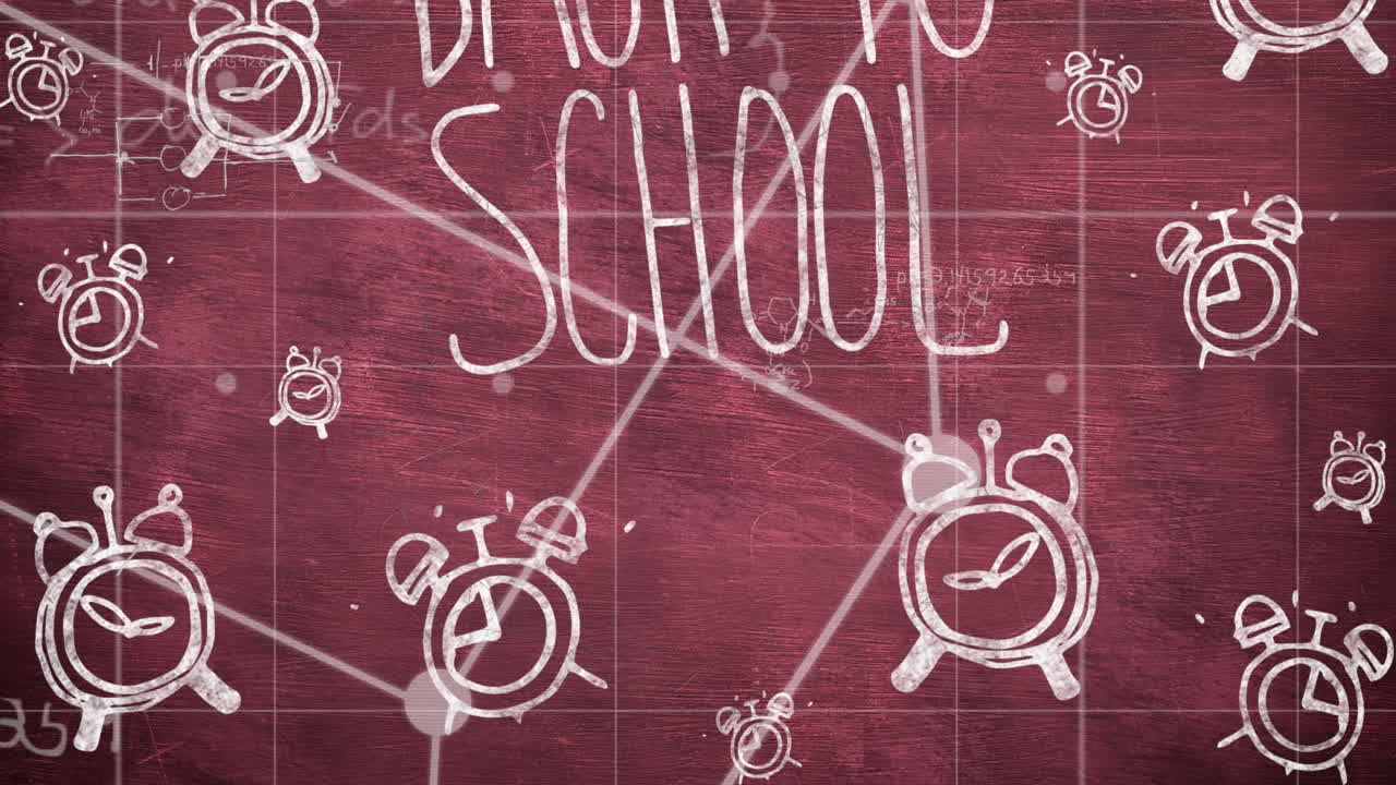 학교로 돌아가는 텍스트와 빨간색 배경 위에 떨어지는 알람 시계의 애니메이션