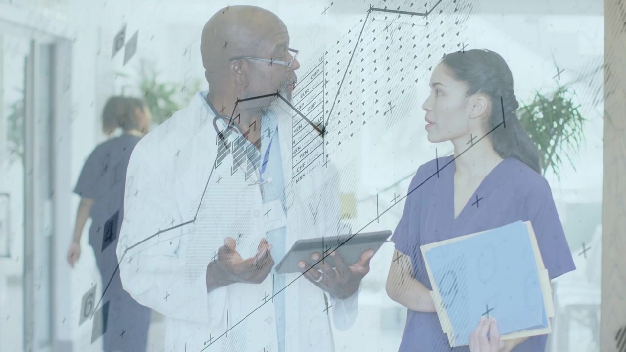 Doctor tilting tablet, consulting nurse in hospital corridor, animated charts showing patient data