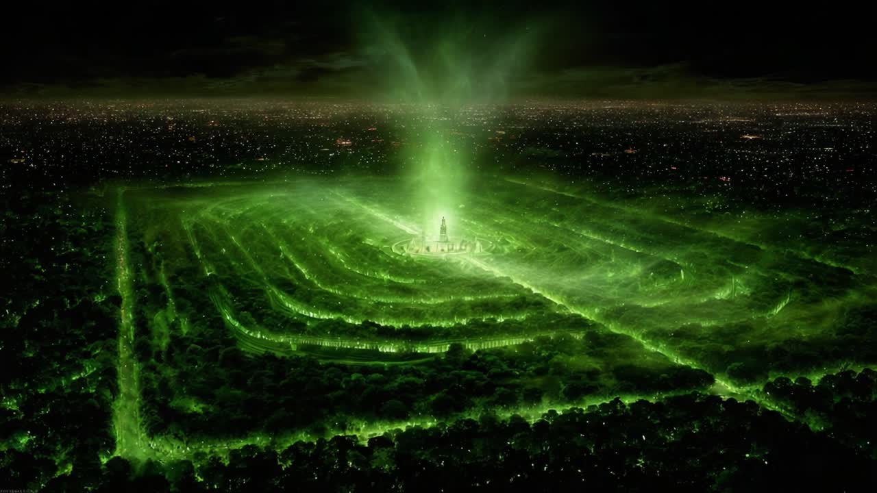 A Mystical Forest Emitting Green Light, Surrounded by Urban Landscape at Night, Creating an Enigmatic Scene of Nature and Magic in Perfect Harmony