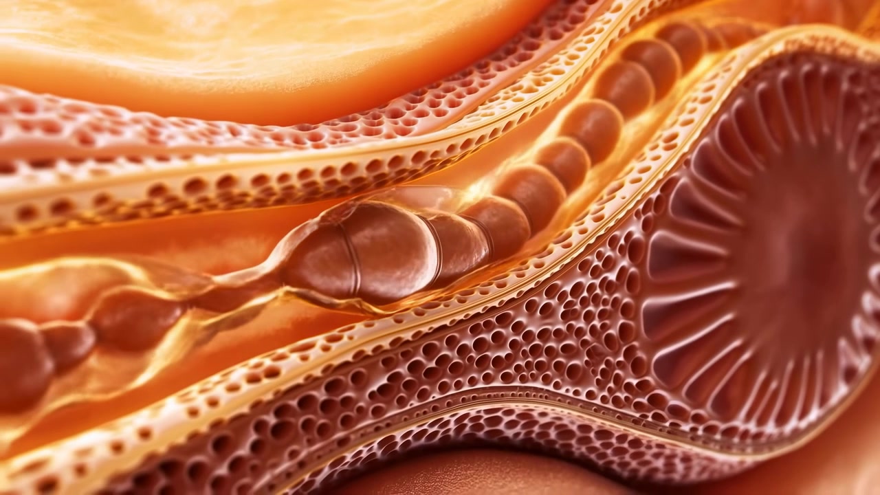 Close cutaway view follows elongated segmented form shifting along an internal channel bordered by textured tissue layers, translucent membranes, rounded forms, and amber illumination.