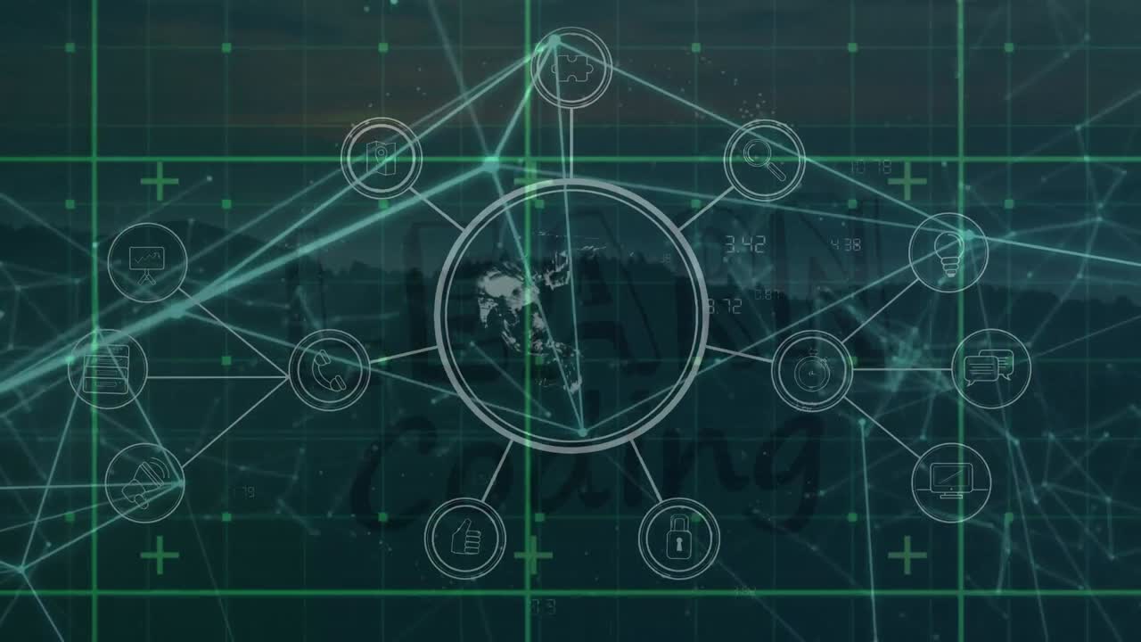 анимация земного шара и сеть соединений над ландшафтом