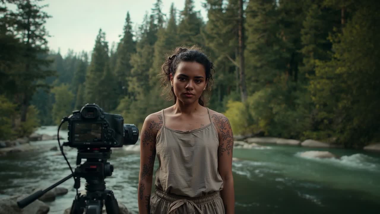 Donna in posa con braccia tatuate, che indossa un capo beige senza maniche, si muove sulla riva del fiume, mentre una DSLR su treppiede sta filmando.