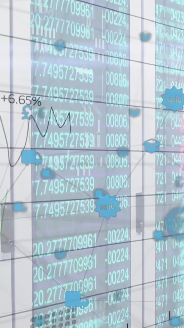 Animación de análisis de datos financieros y mercado de valores sobre pantallas digitales con gráficos