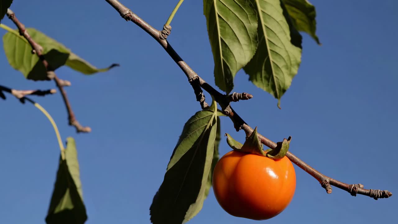 Close-up video shot of a ripe persimmon on a branch against a clear blue sky, captured from a low