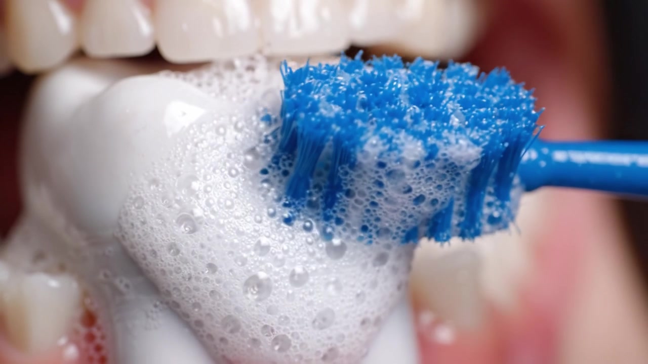 A Close-Up View of Effective Teeth Brushing Techniques Demonstrating Dental Hygiene with a Toothbrush, Toothpaste Foam, and Healthy Teeth Care