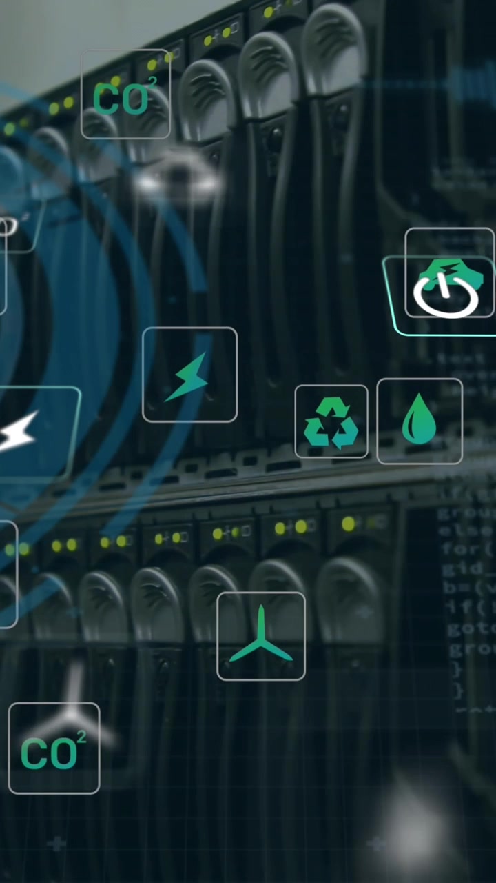 Animation of data processing and ecology icons over server room
