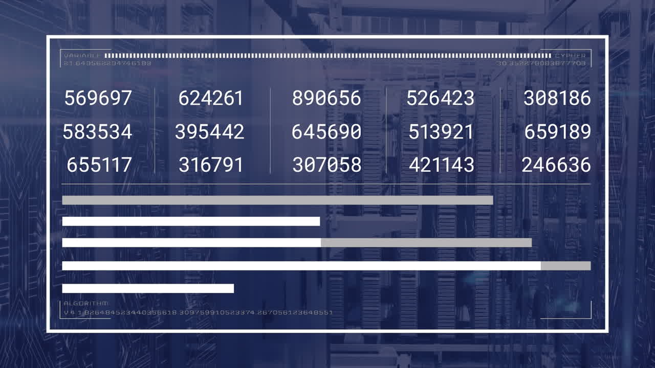 그래프의 애니메이션, 로딩 바, 데이터 서버 랙의 회로판 패턴에 대한 변화하는 숫자