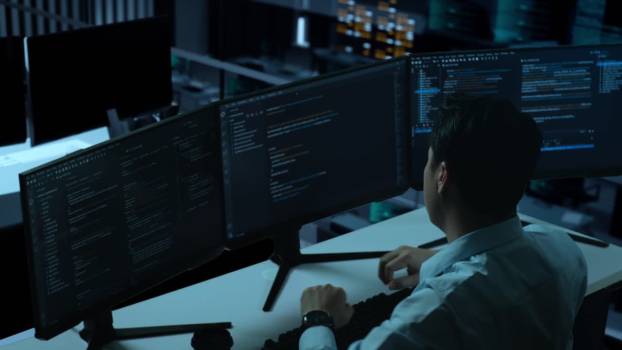 Side View Of Tired Asian Man Developer Stretching While Write Code With Multiple Computer Screens In The Office