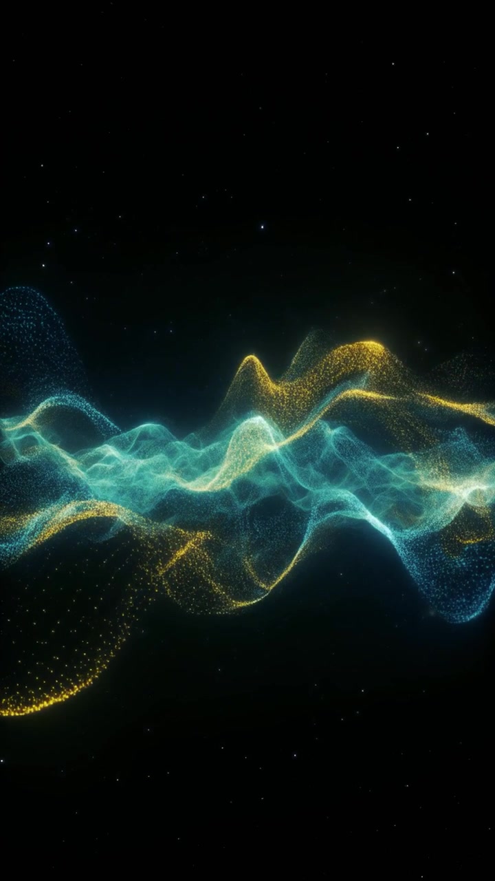 Abstract Glowing Blue and Gold Particle Waves on Black Background
