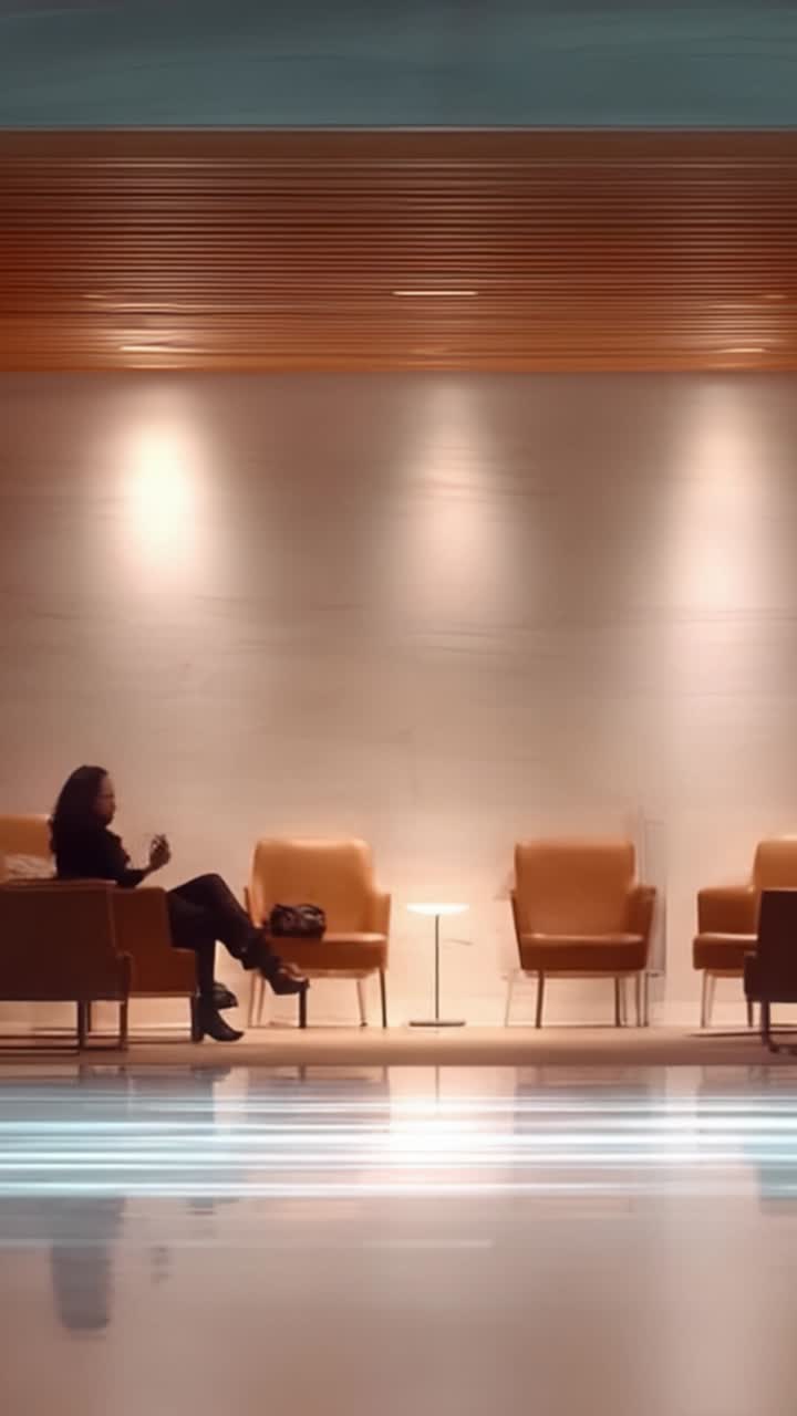 Un momento tranquillo: Una donna che si rilassa in una lounge aeroportuale, circondata da sedie eleganti e illuminazione soffusa, in attesa del suo prossimo viaggio o esperienza di viaggio.