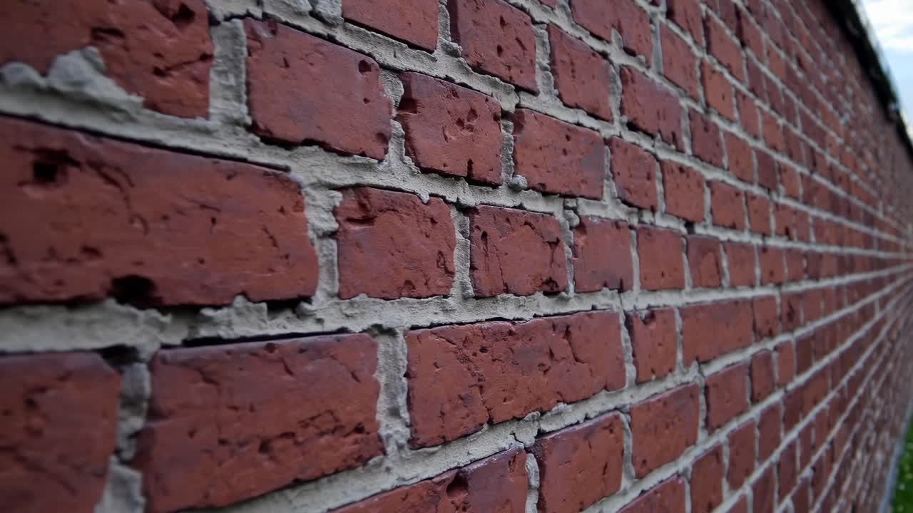 Close-up video of a red brick wall with a shallow depth of field