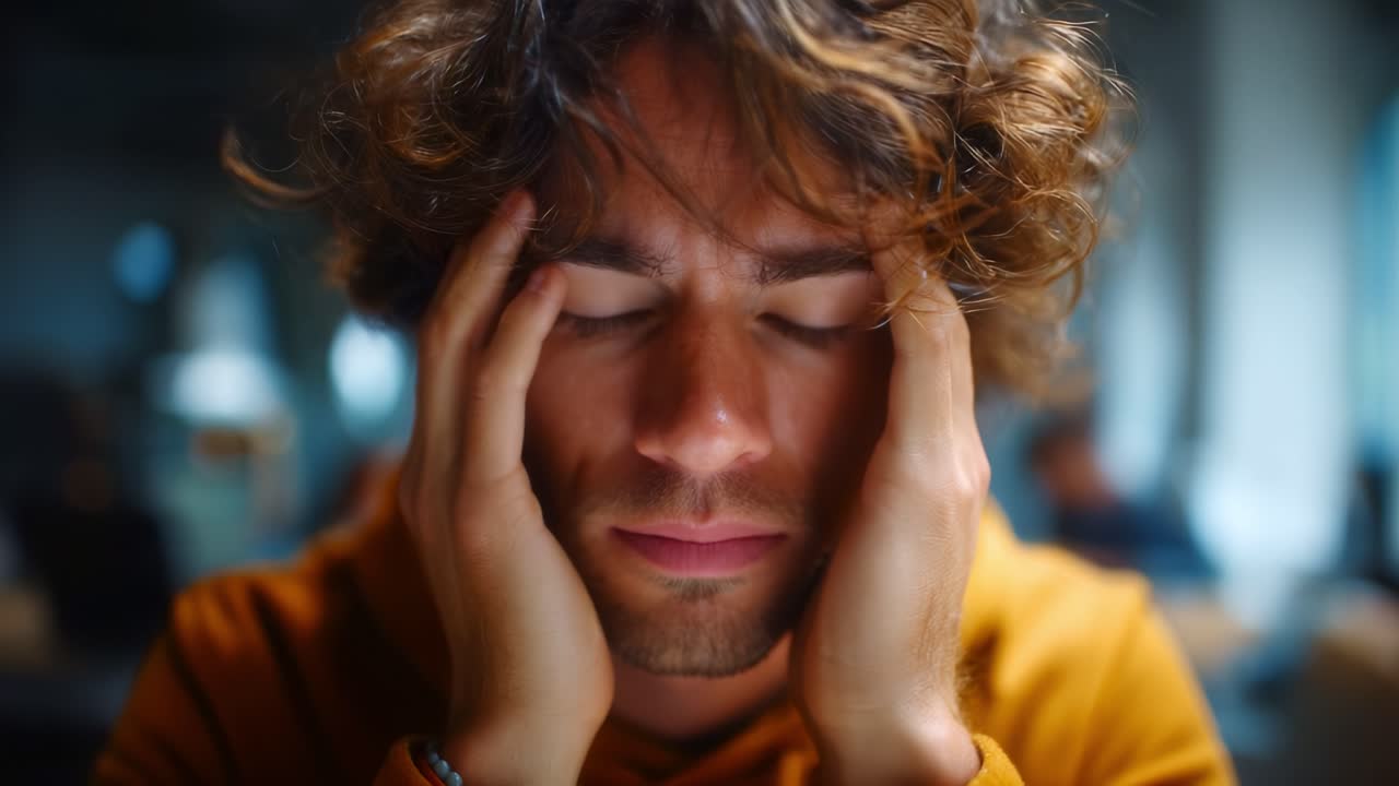 A young man experiencing intense frustration with his eyes closed and hands on his face, conveying a sense of stress and emotional turmoil in a dimly lit environment