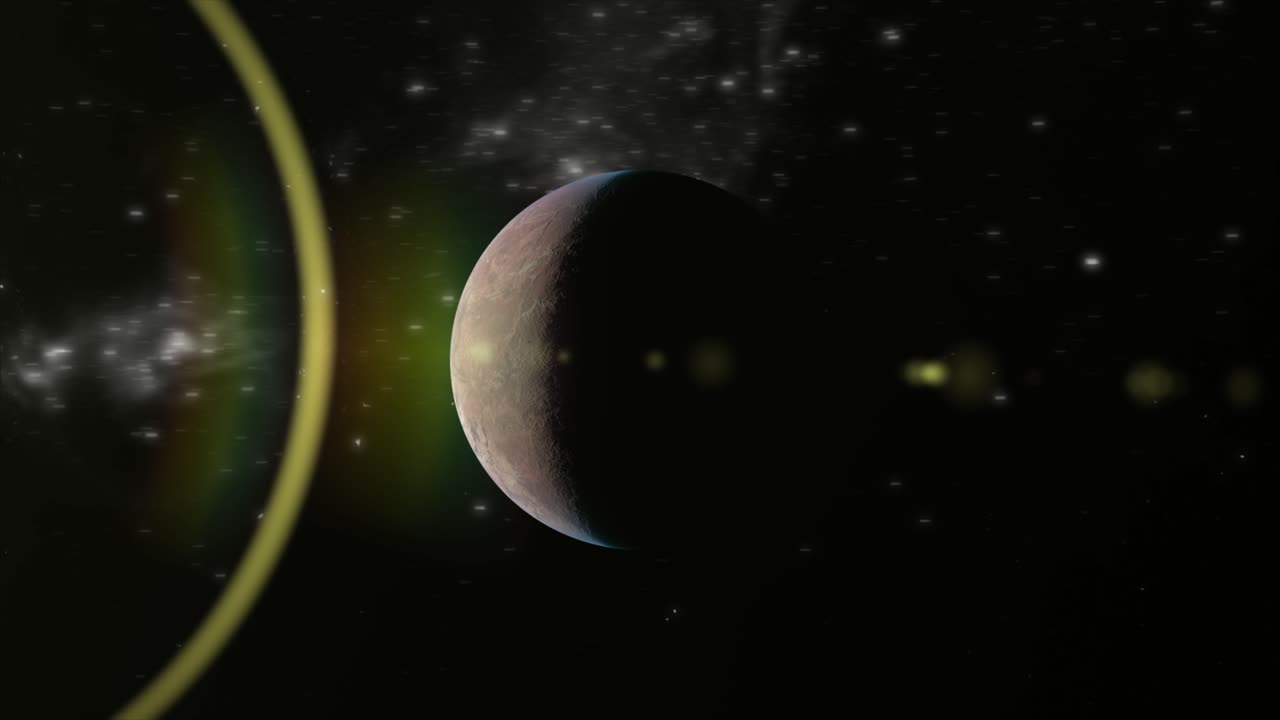 захватывающий кадр cgi vfx, быстро вращающийся вокруг планеты марс, с потрясающей вспышкой объектива, когда солнце и драматически освещенный край планеты появляются в поле зрения