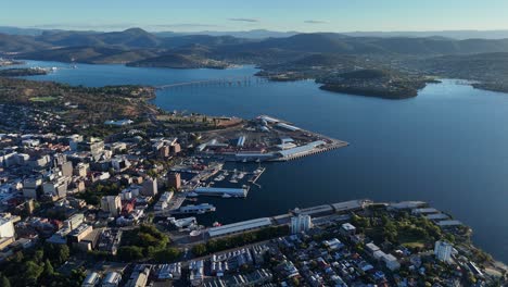 panorama drone shot of tasman bridge in hobart city, tasmania