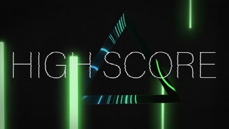 Animation-of-high-score-text-in-white-with-green-neon-lights-and-triangle-on-black-background
