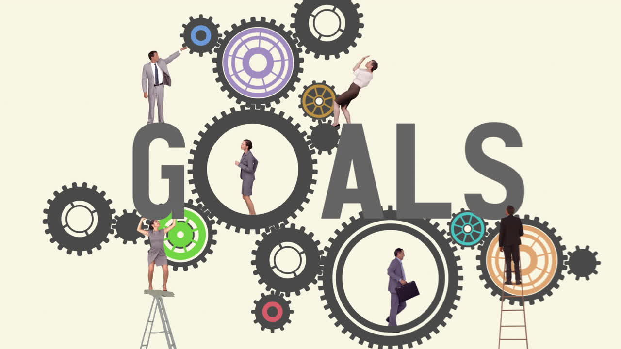 gente de negocios corriendo y girando engranajes