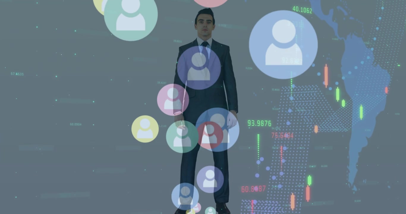 Animation of financial data, world map and icons over caucasian businessman