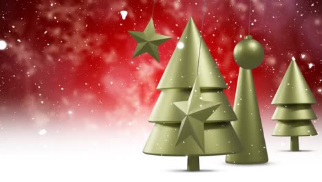 Animation-of-snow-falling-over-christmas-decorations-on-red-background