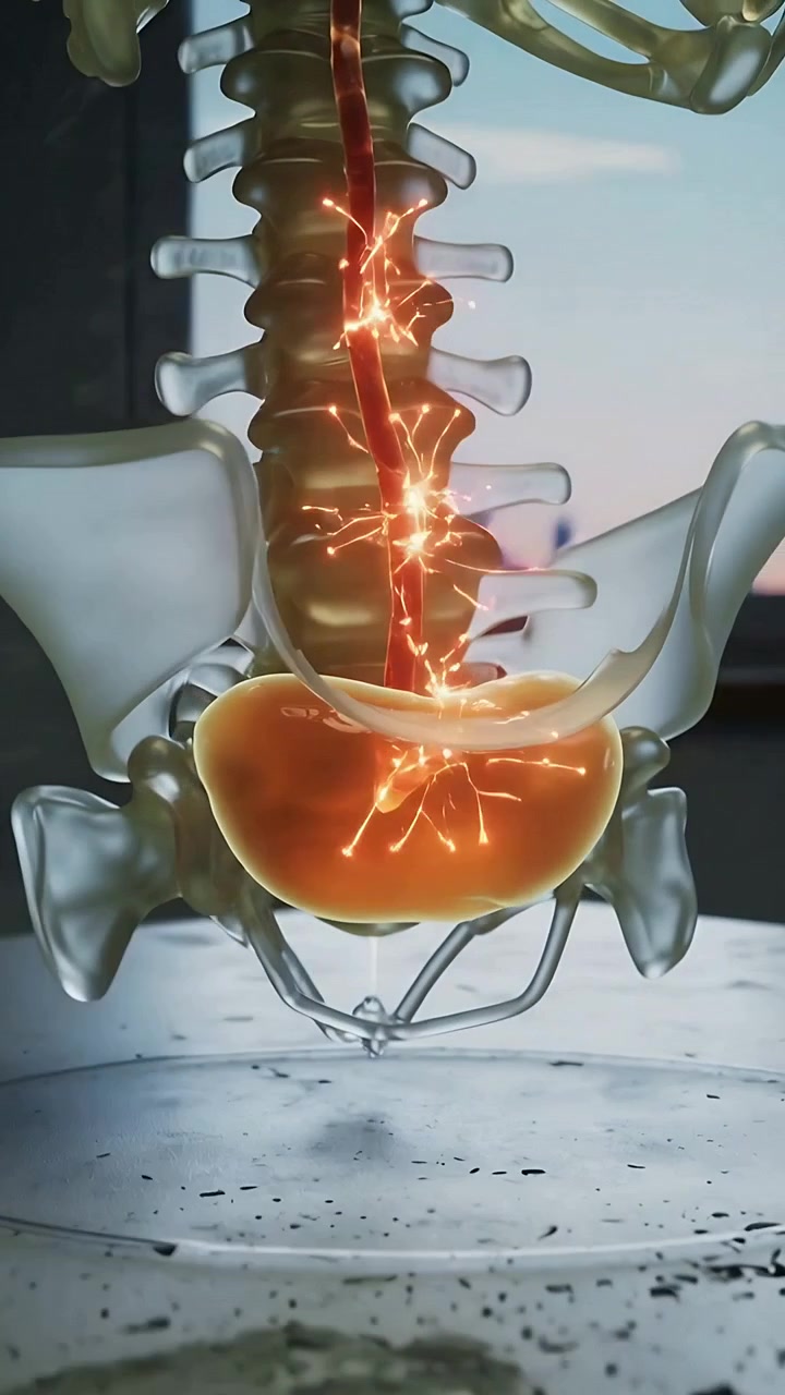 Vertical video: Animating spine model in studio with sparks along red cord, pulsing into orange sac