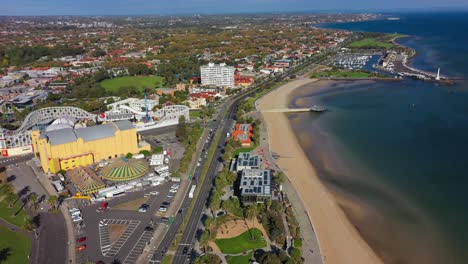 drone footage over st kilda beach in melbourne, australia