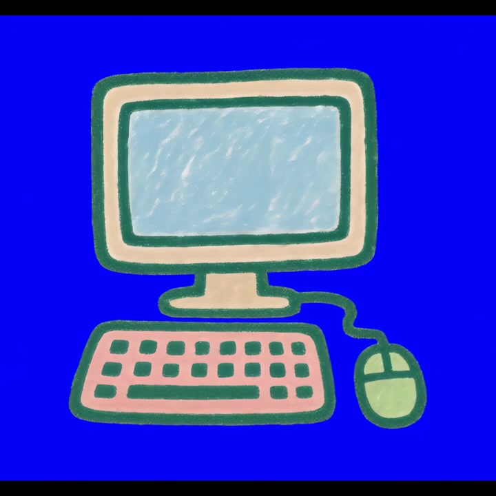 Handgezeichnete Animation eines Desktop-Computers auf blauem Hintergrund