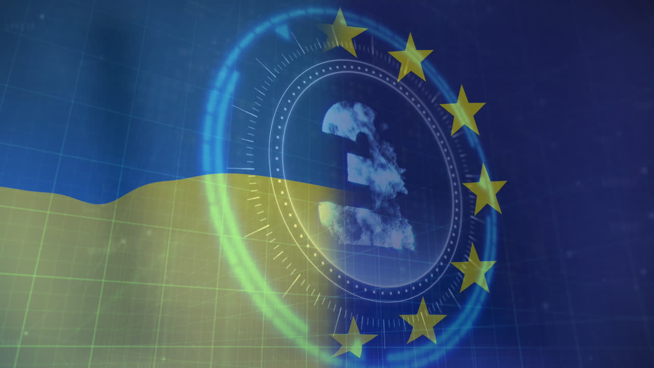 Animazione di scansione del mirino e simbolo della sterlina sulle bandiere dell'Ucraina e dell'UE