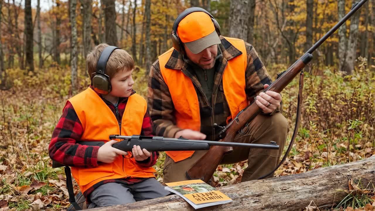 Far lærer sønn om riflesikkerhet i skogen