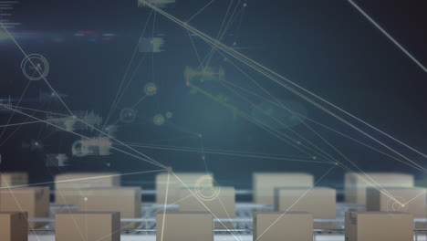 animation of network of connections over boxes on conveyor belts in warehouse