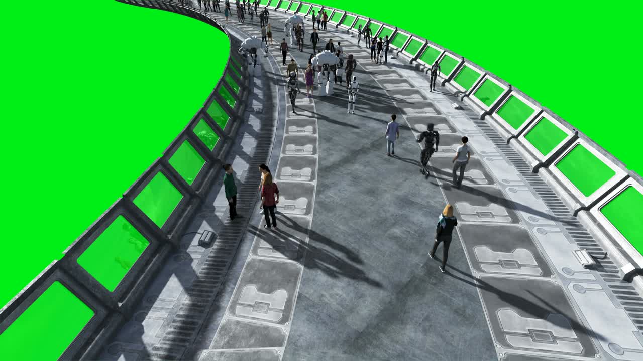 gente y robots. sci fi tonnel. tráfico futurista. concepto del futuro. imágenes de pantalla verde. animación realista en 4k.